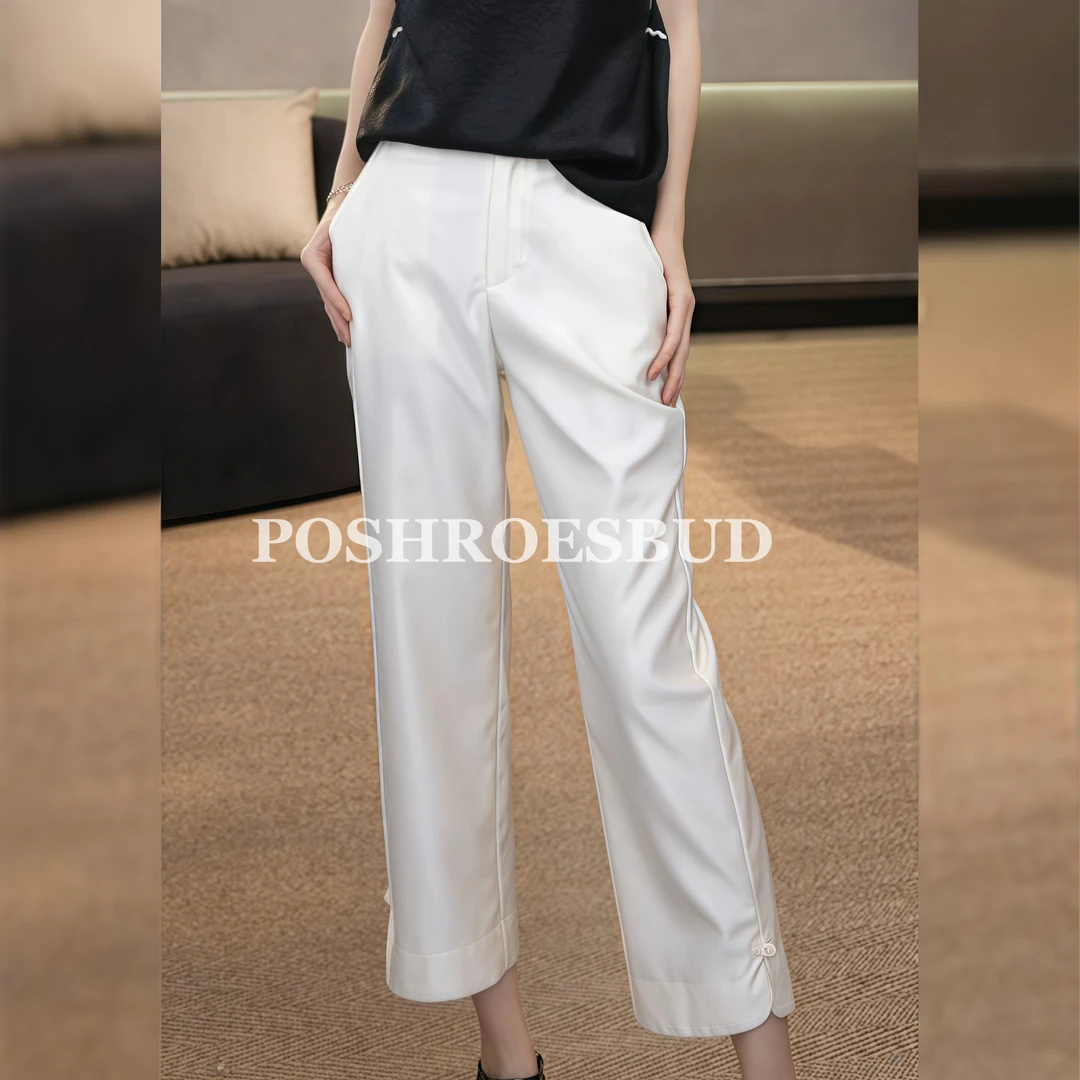 POSHROSEBUD【白韵】光泽感高腰垂感直筒阔腿九分休闲裤-LT0334