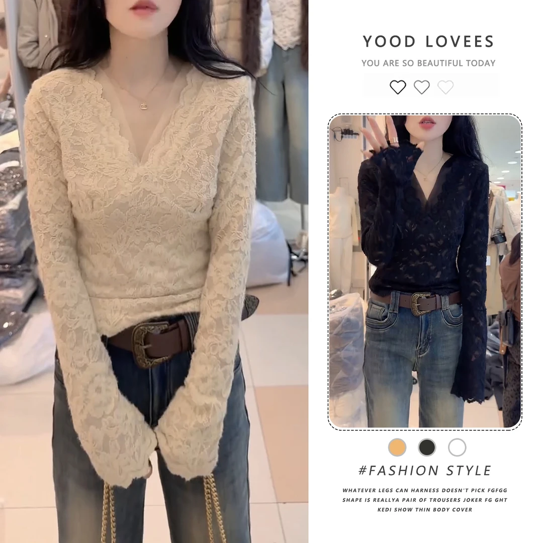 性感纯欲风v领显瘦T恤衫2025秋冬新款加绒法式内搭打底衫t恤上衣