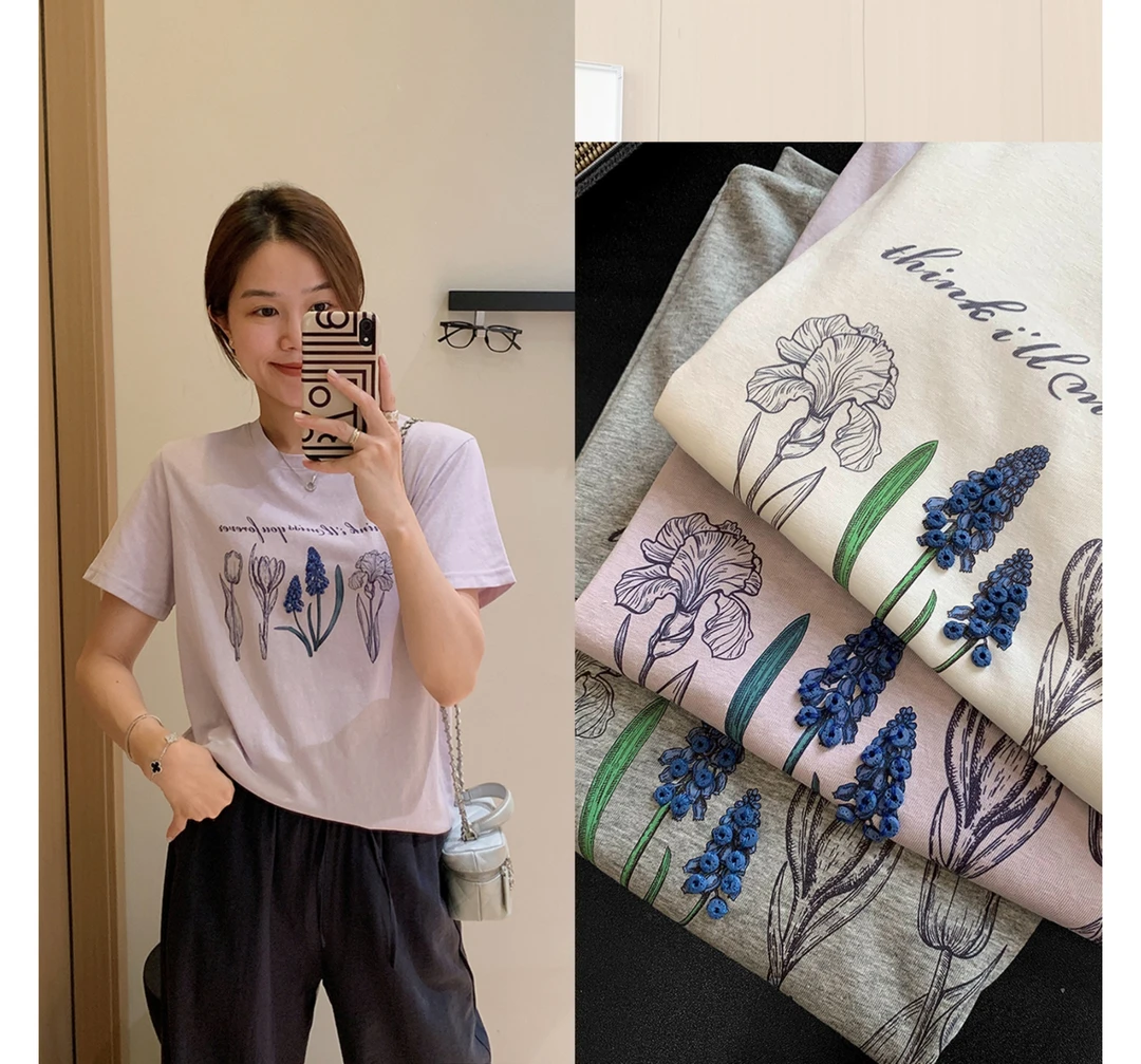 大叮自制【浪漫花卉T】定织麻感重工立体绣花夏季宽松休闲T恤！S6033