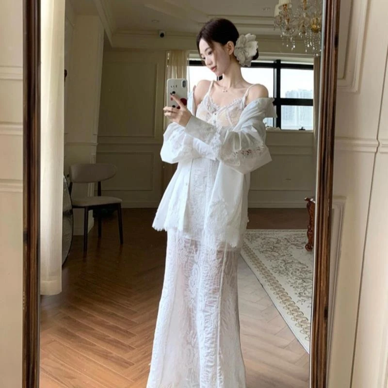 韩系轻奢风白色长袖蕾丝衬衫女2025新款高腰显瘦蕾丝半身裙两件套