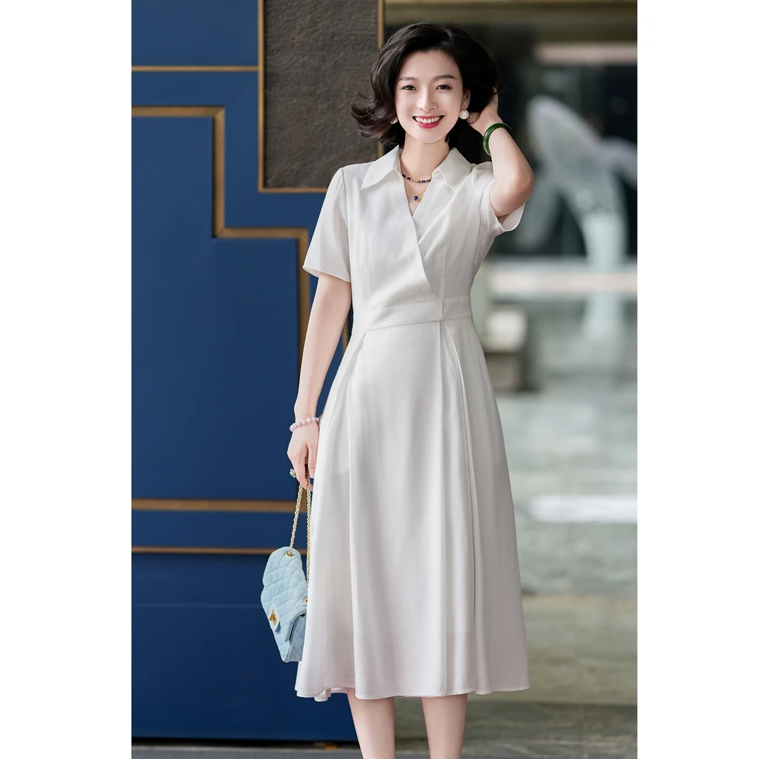 西子/【赫本映像】重磅醋酸V领立裁收腰显瘦简约短袖连衣裙/CQTJ067