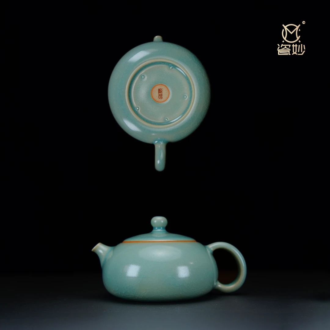 瓷妙汝瓷仿古天青釉冰花鱼鳞片扁腹西施壶玛瑙入釉支钉汝州发货