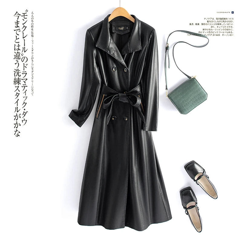 海宁皮衣女修身时尚过膝长款收腰翻领女士春秋真皮皮风衣皮外套