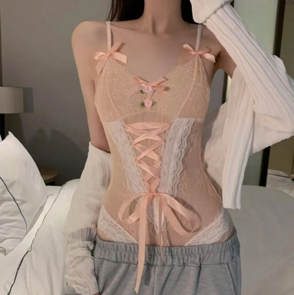 性感显瘦斩男蝴蝶结蕾丝吊带纯欲诱惑打底V领睡裙收腰ins睡裙战袍