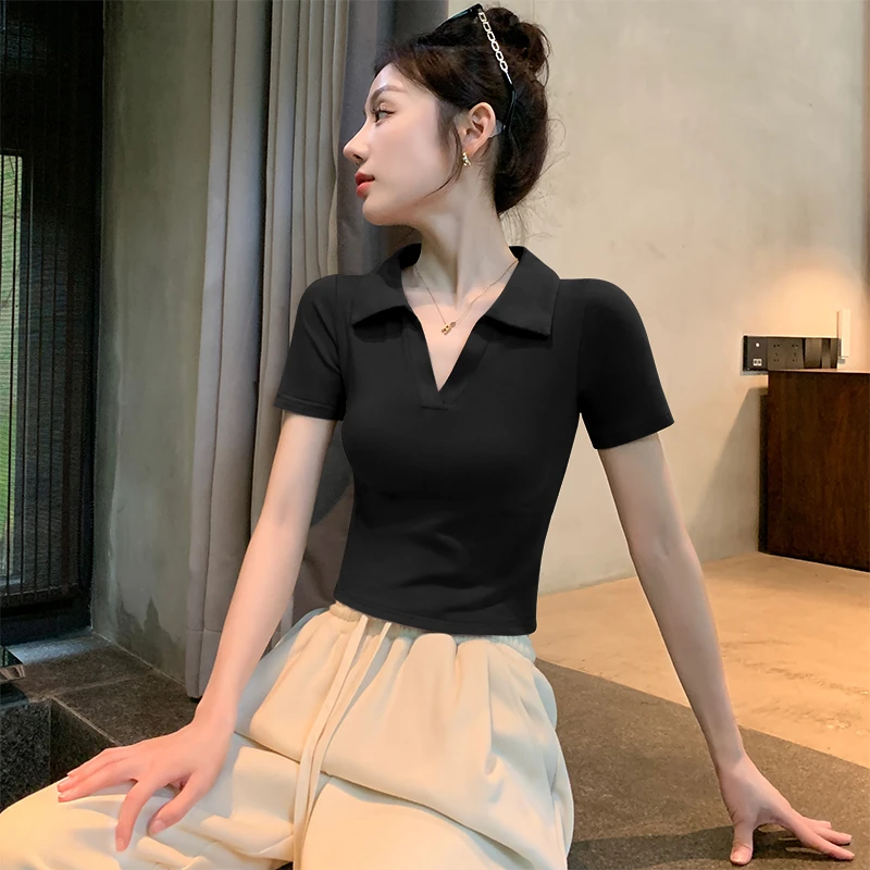 黑色翻领短袖t恤女2025夏季新款卡腰修身短款螺纹polo衫正肩上衣