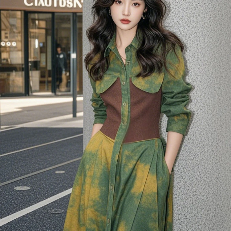 绿色晕染拼接收腰衬衫连衣裙女早春2025新款复古艺术生穿搭长裙子