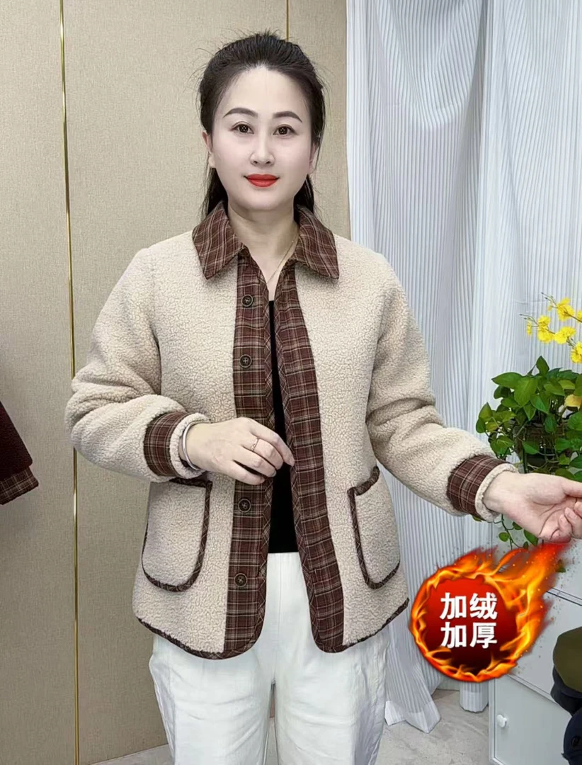 秋冬气质百搭颗粒绒拼接外套时尚宽松休闲衬衫领加绒加厚妈妈装