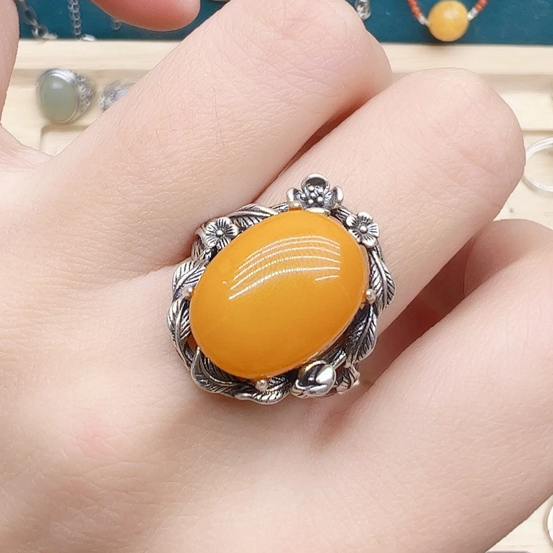 蜜蜡戒指银S925镶嵌，