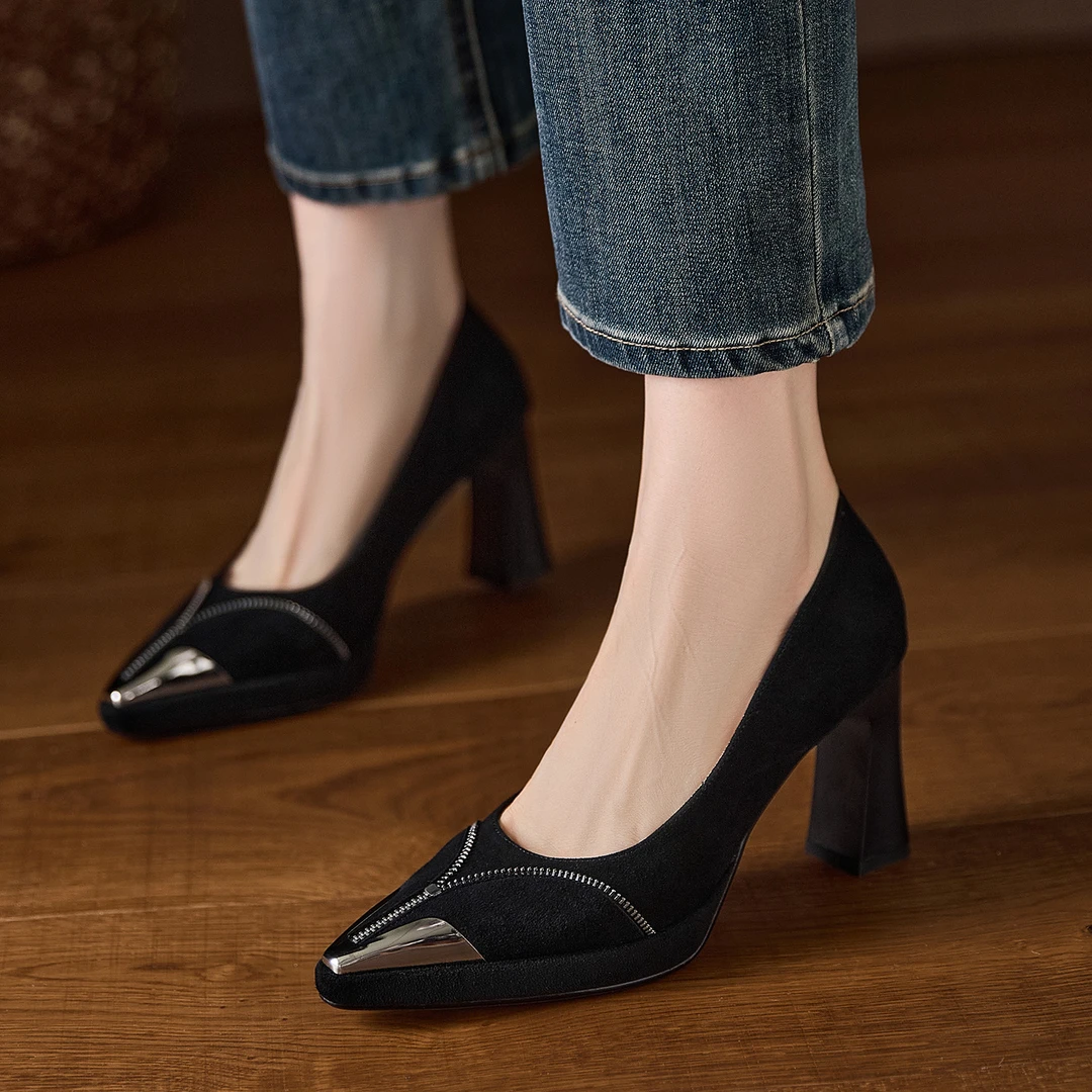 AACCK手工女鞋8.5CM防水台浅口单鞋女秋季新款防踢铁头黑色高跟鞋