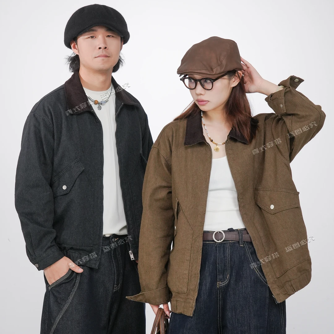 青式秋季【古壳】珠帆布巴恩风工装夹克外套提花复古上衣男女同款潮
