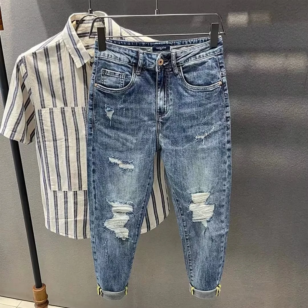 牛仔裤男潮流春秋修身小脚哈伦裤微垮男士百搭破洞休闲薄款九分裤