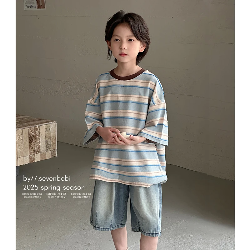 【现货】男童条纹短袖t恤儿童短袖2025新款韩版宝宝宽松上衣夏季