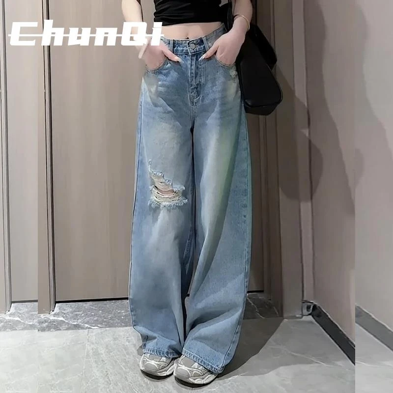 淳启复古破洞直筒牛仔裤子女高腰显瘦春夏季阔腿裤小个子拖地长裤