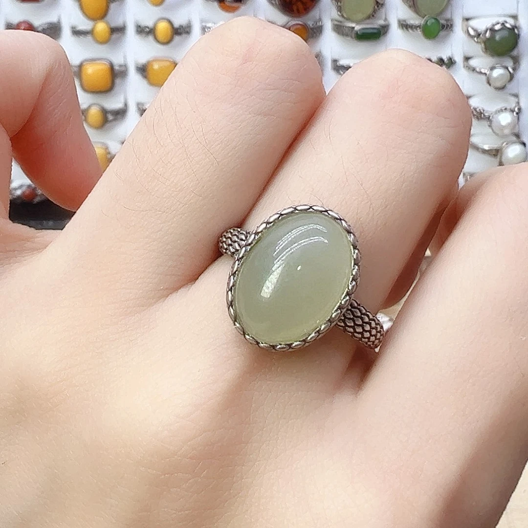 和田玉戒指银S925镶嵌