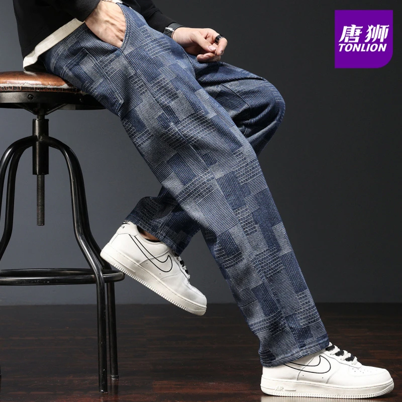 tonlion/唐狮男装休闲裤子秋季新款格纹牛仔裤男士宽松直筒长裤男