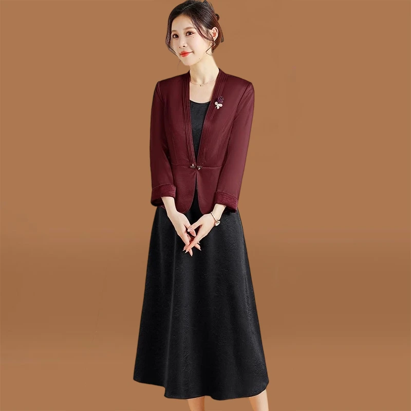 喜婆婆婚宴装礼服广州十三行长袖连衣裙两件套装秋季高贵洋气妈妈