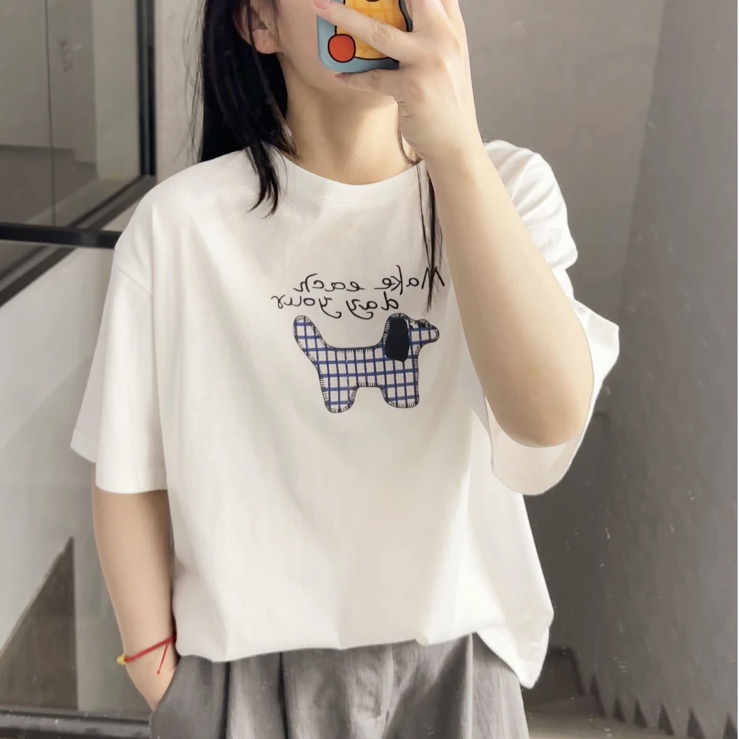 2025新款夏季宽松显瘦刺绣卡通短袖T恤时尚百搭圆领上衣纯棉
