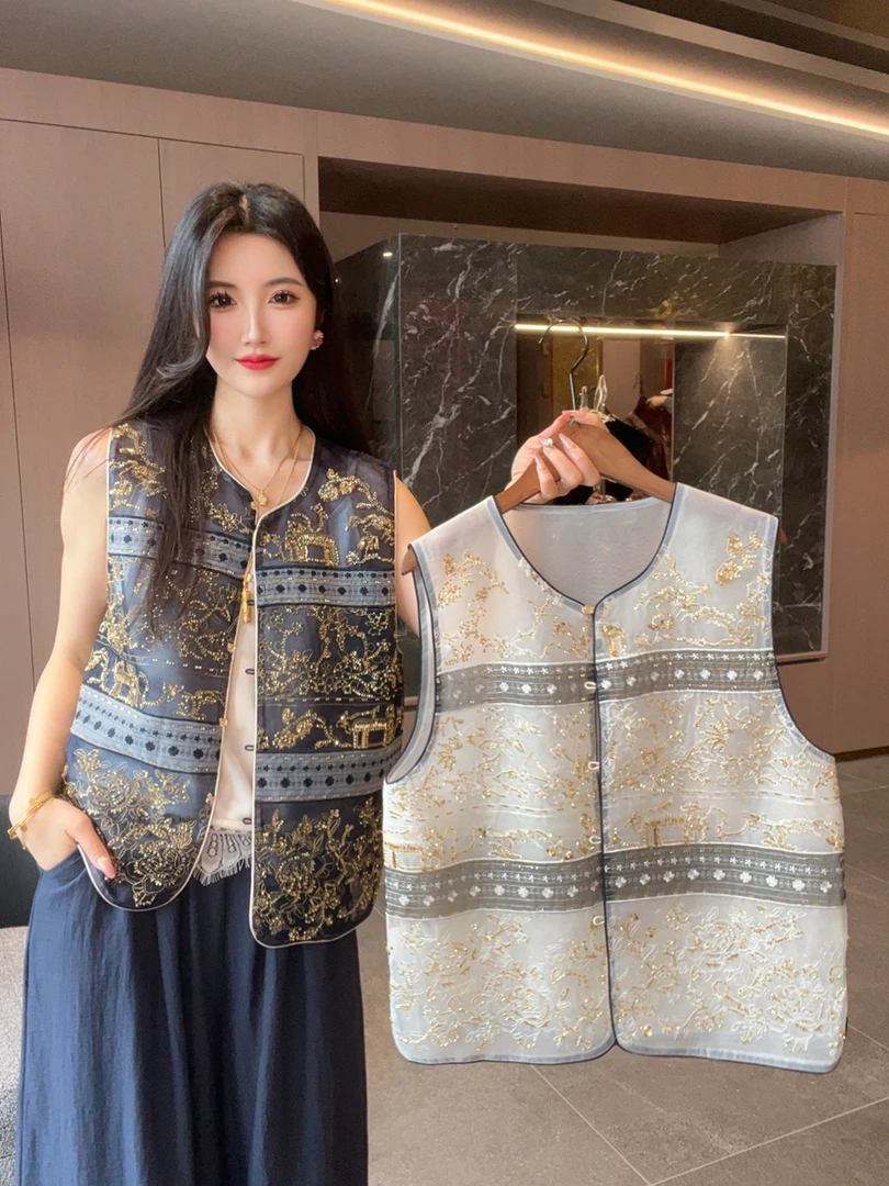 【栀瑜】2025新款夏季马甲新中式女装圆领绣花气质薄款上衣马夹外套