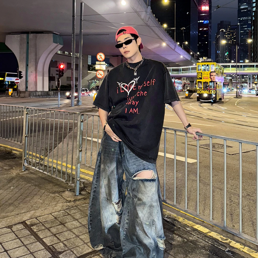 DBoublewin设计感印花做旧磨破短袖T恤男夏季宽松半袖纯棉上衣