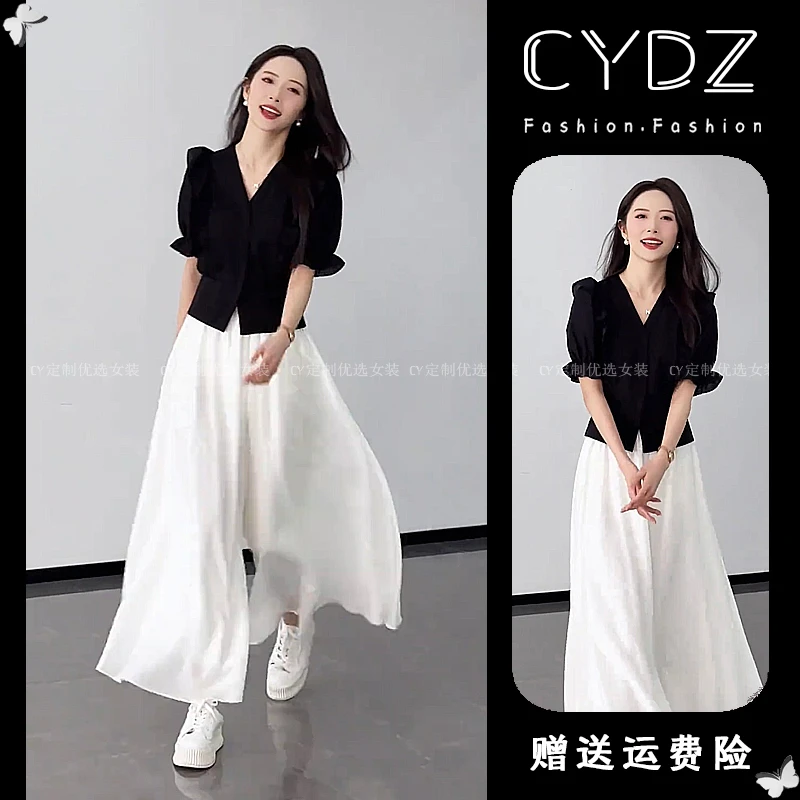 2025夏季爆款两件套赫本风通勤法式小众黑色泡泡短袖上衣裙裤套装