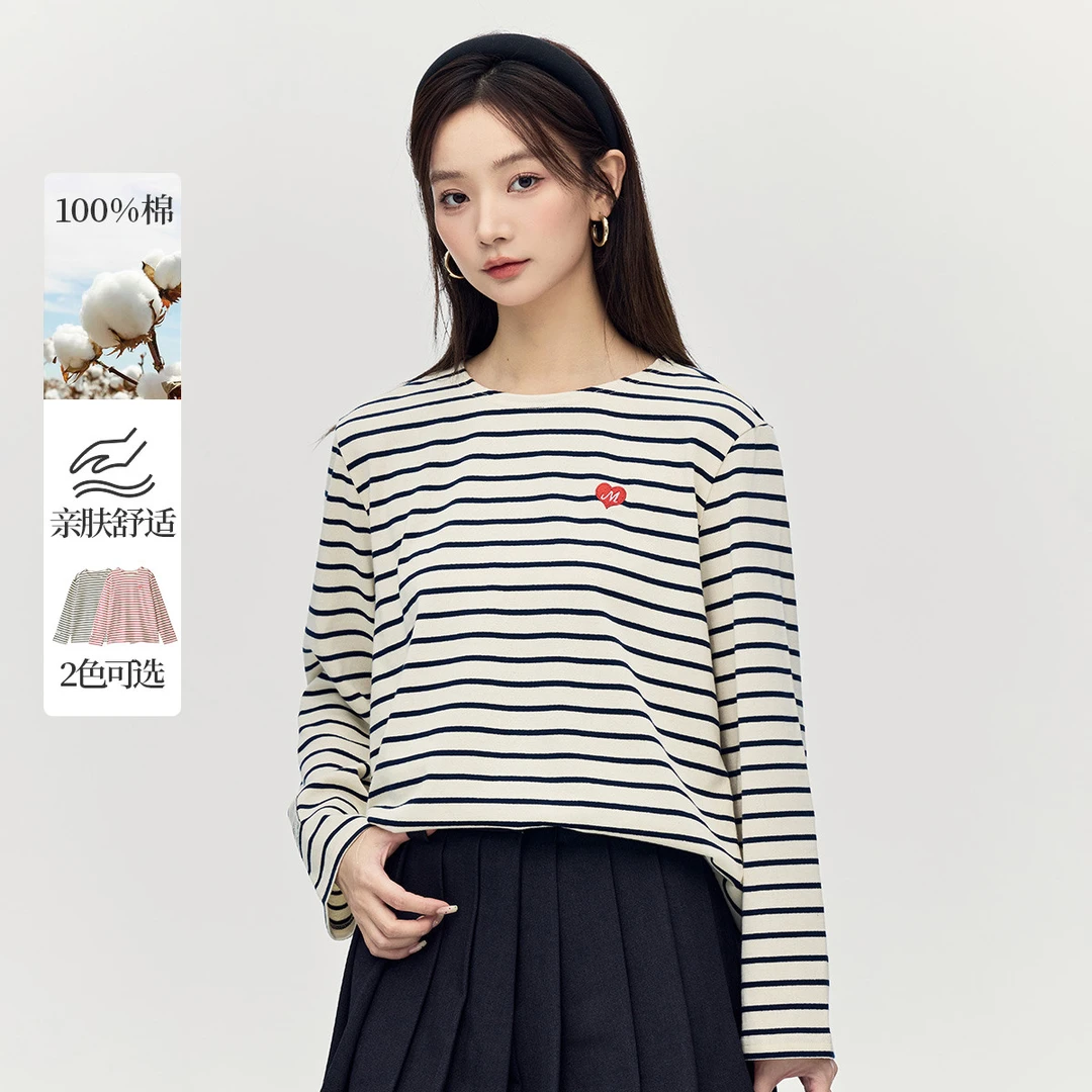 【杏雨梨花】茵曼春季纯棉撞色条纹长袖T恤女时尚宽松慵懒舒适上衣