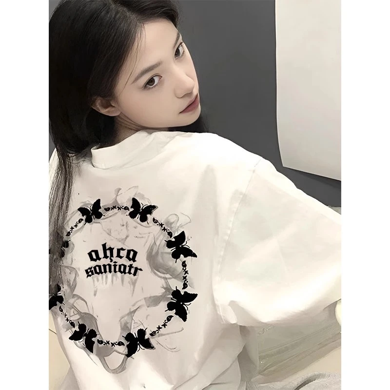 白色正肩短袖t恤女夏季宽松潮牌美式复古高街情侣设计感小众上衣