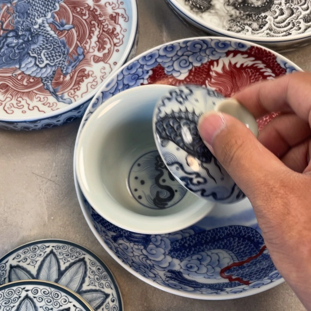 瓷片青花鱼化龙盖碗