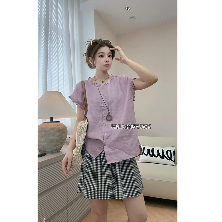 【夏日时光】韩版纯色减龄气质木耳边飞袖衬衫休闲百搭显瘦小衫女薄