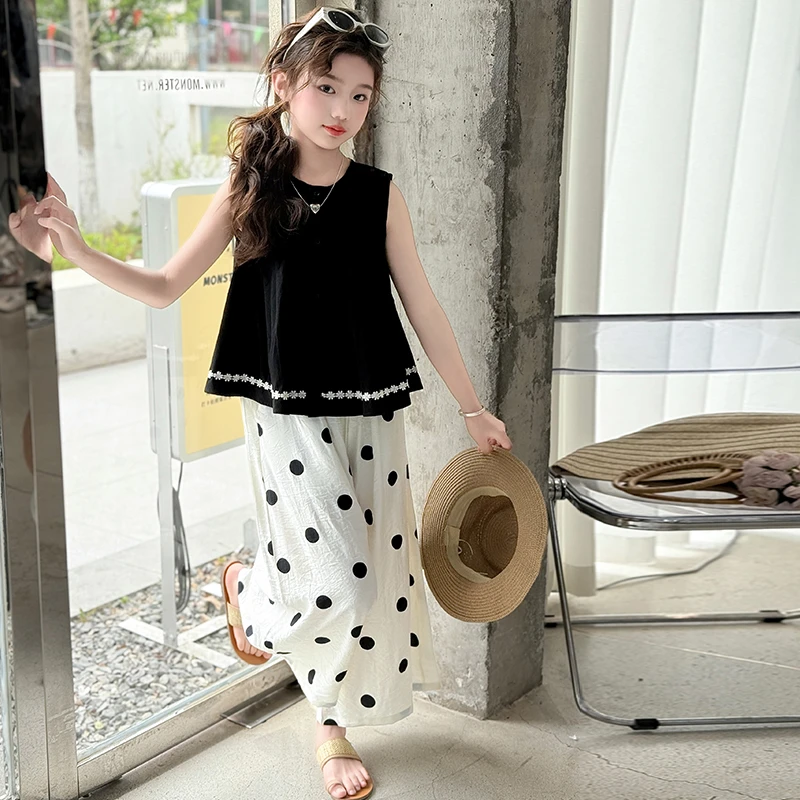 女童夏装套装潮款韩版新款黑白色无袖小衫小女孩洋气波点两件套