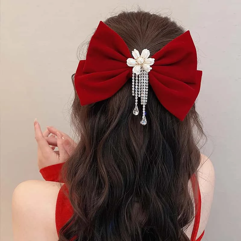 高端红色丝绒大蝴蝶结发夹顶夹女2025年新款后脑勺弹簧夹发卡头饰