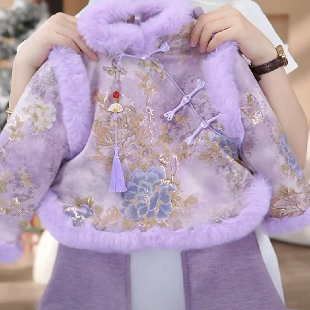 女童紫色长袖2024秋冬季新国风新中式女宝宝外套裤子中式儿童套装