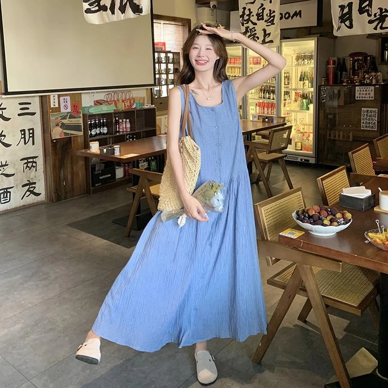 气质蓝色韩版小清新垂坠感2025夏季女小个子甜美减龄显瘦背心裙