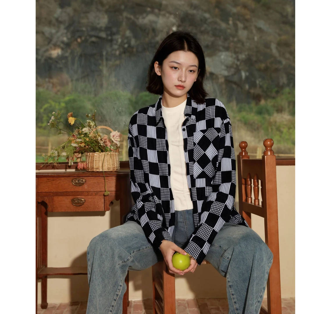 【首次PO价】西町村屋文艺感棋盘格衬衣衬衫YC7103020