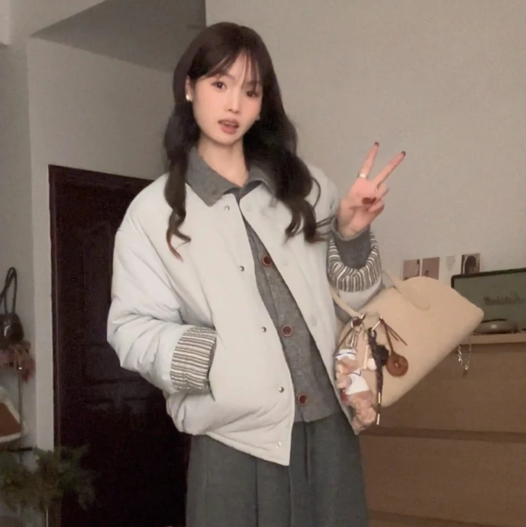 日系百搭宽松短款棉服外套女秋冬新款简约休闲圆领长袖面包服上衣