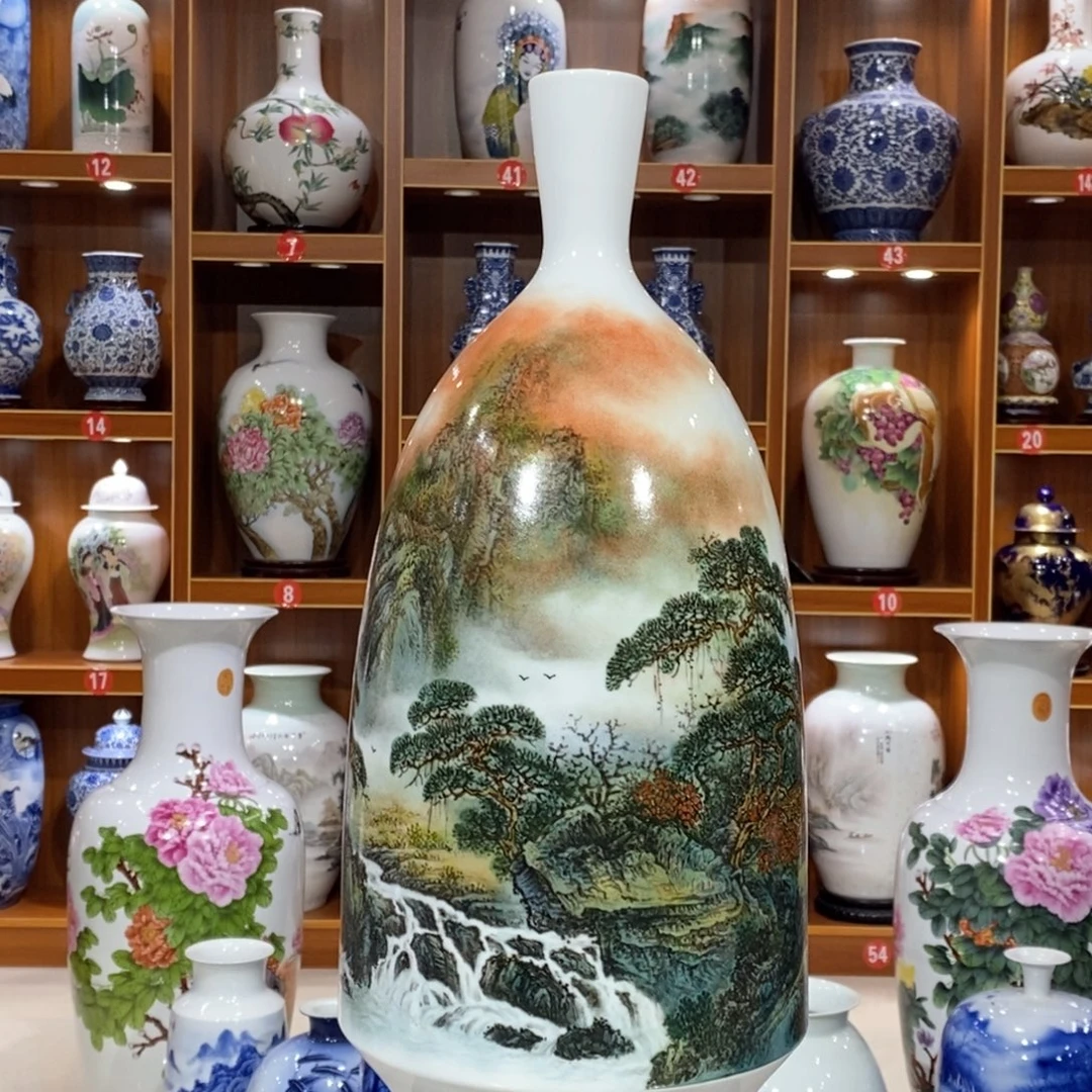 摆件陶粉彩，纯手工手绘山水