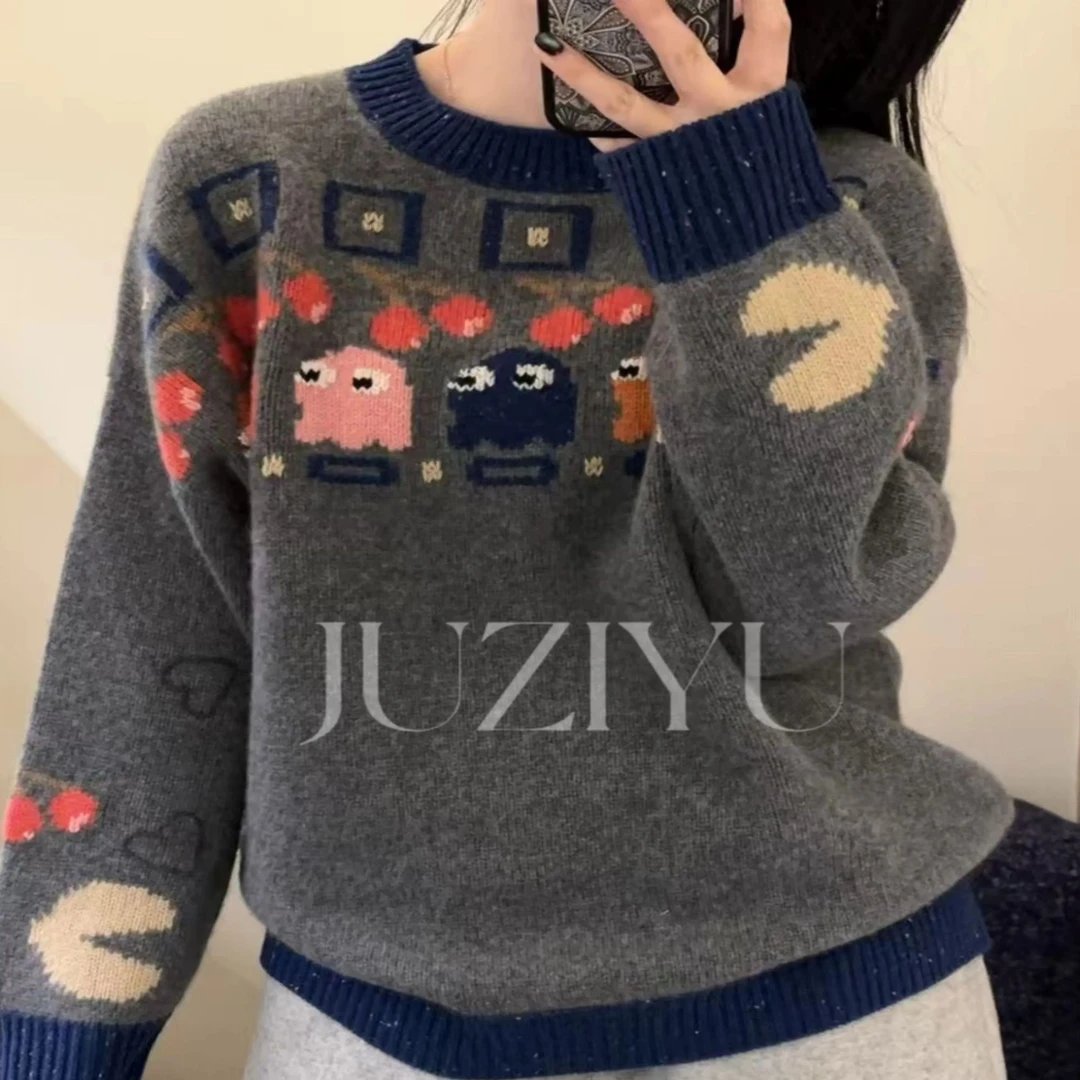 秋冬新款宽松卡通纯羊绒衫圆领加厚针织衫毛衣女打底上衣