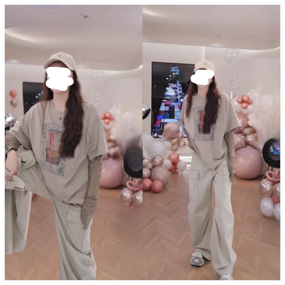 【油画女神】夏季新款时尚百搭圆领假两件宽松大版长袖T恤