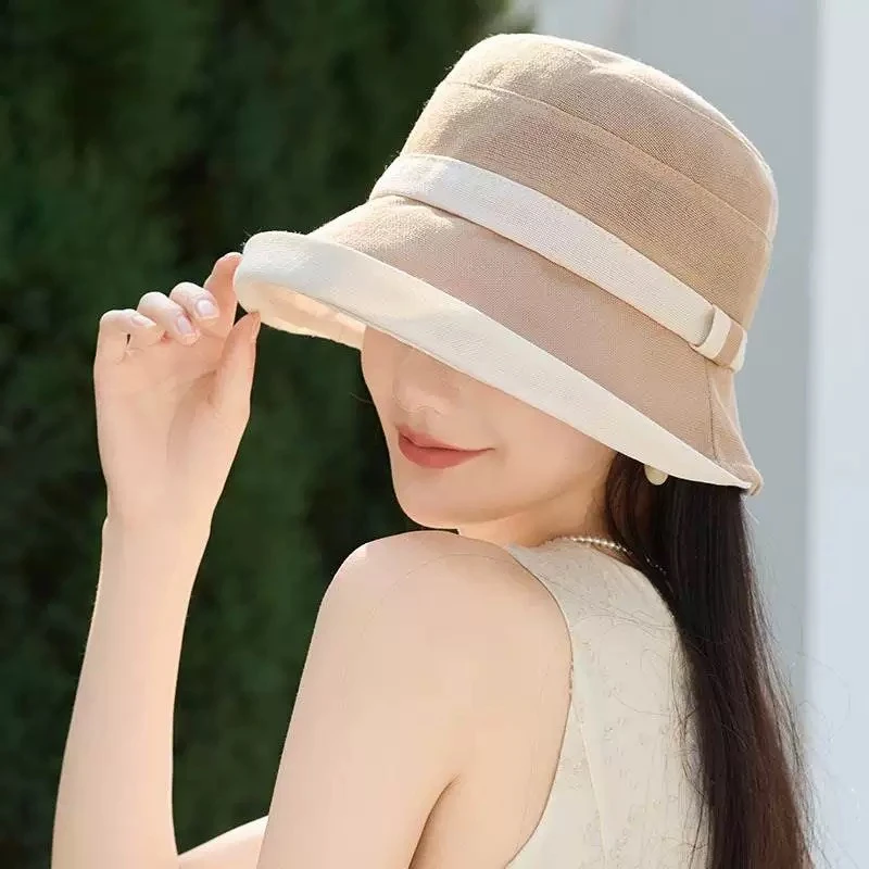 卷边女春夏拼色夏季春季度假帽子遮阳帽遮脸盆帽户外大帽檐