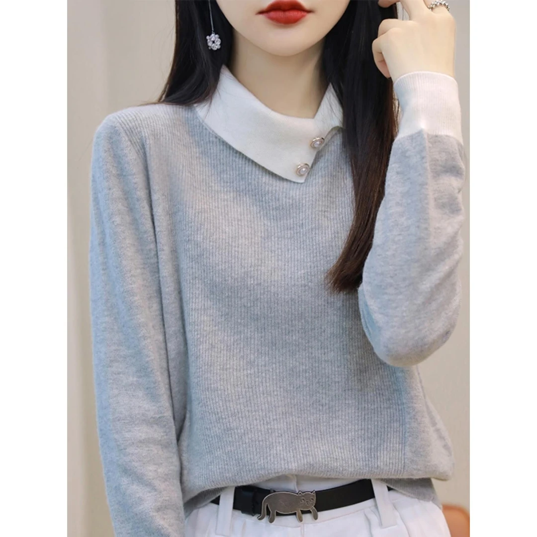 新款潮牌清仓专柜撤回品牌法式撞色翻领毛衣针织衫打底衫上衣女秋