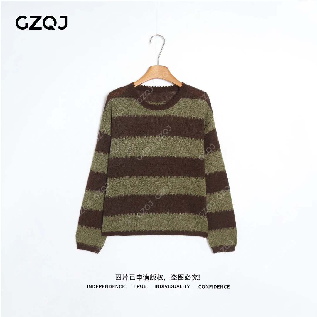 老琴私服【抹茶巧克力】琥珀流光风条纹撞色宽松针织毛衣女秋冬6039