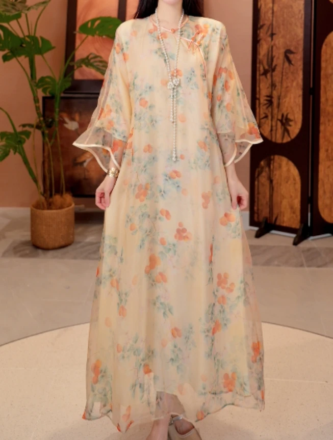 [硕果]H6303国风改良七分袖真丝宽松旗袍连衣裙 彤彤