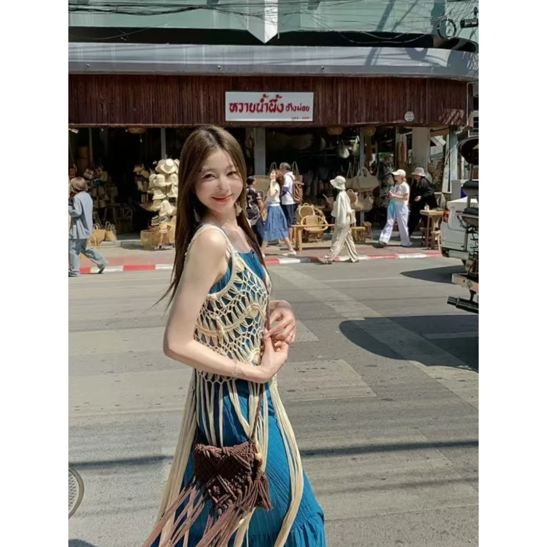 云南大理洱海新疆旅游拍照罩衫叠穿镂空编织长流苏吊带外搭