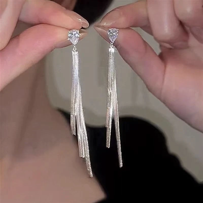 高级感简约锆石长款流苏耳环女气质小众设计显脸瘦冷淡风耳钉耳饰