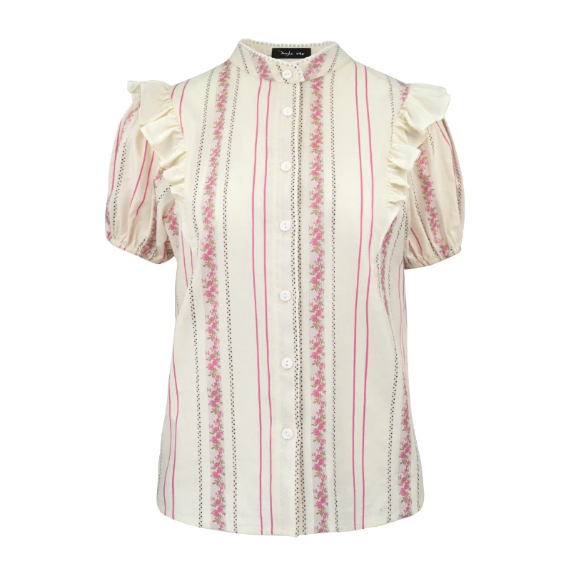 JUNGLE ME夏季甜美减龄条纹提花立领衬衣法式泡泡袖