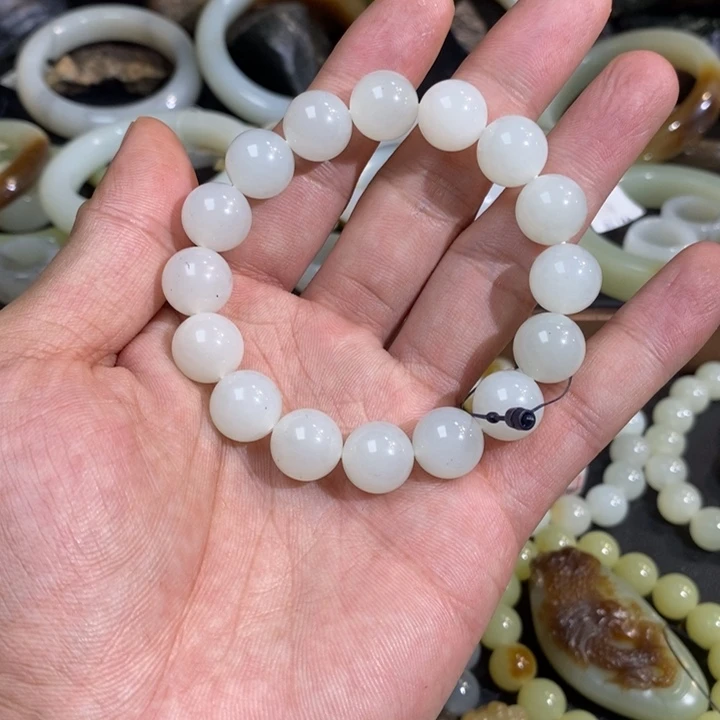 未镶嵌手链和田玉新疆和田黑山矿白玉点墨圆珠手串