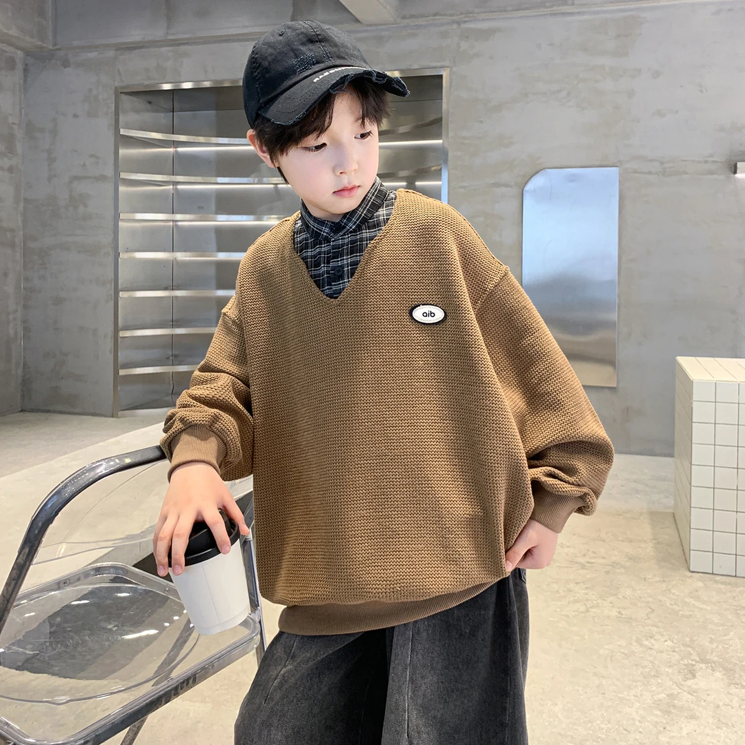 男童秋装假两件宽松卫衣2025新款中大儿童男孩春秋韩版酷帅上衣潮