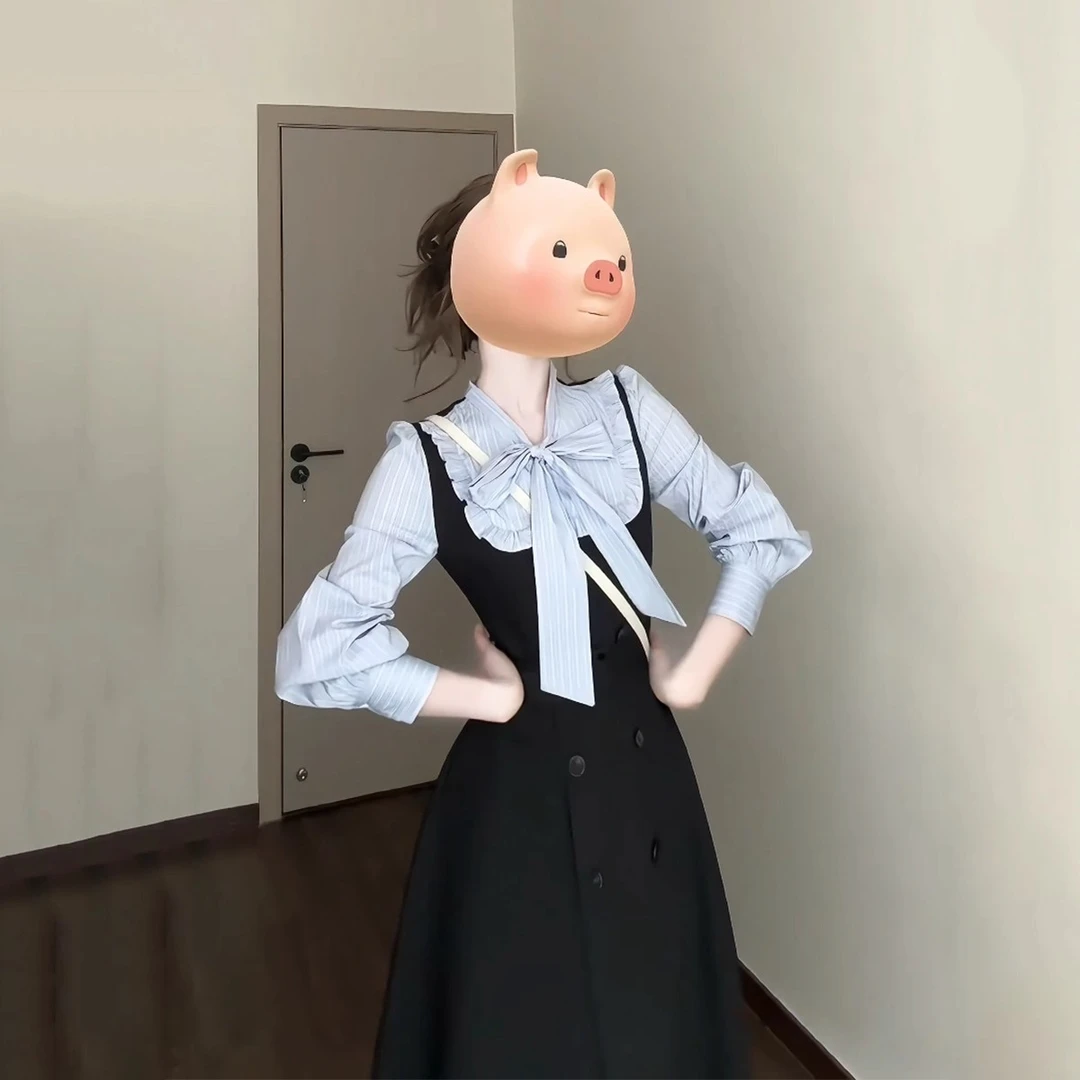 法式甜美蝴蝶结假两件连衣裙女秋季设计感公主裙小香风收腰长裙子