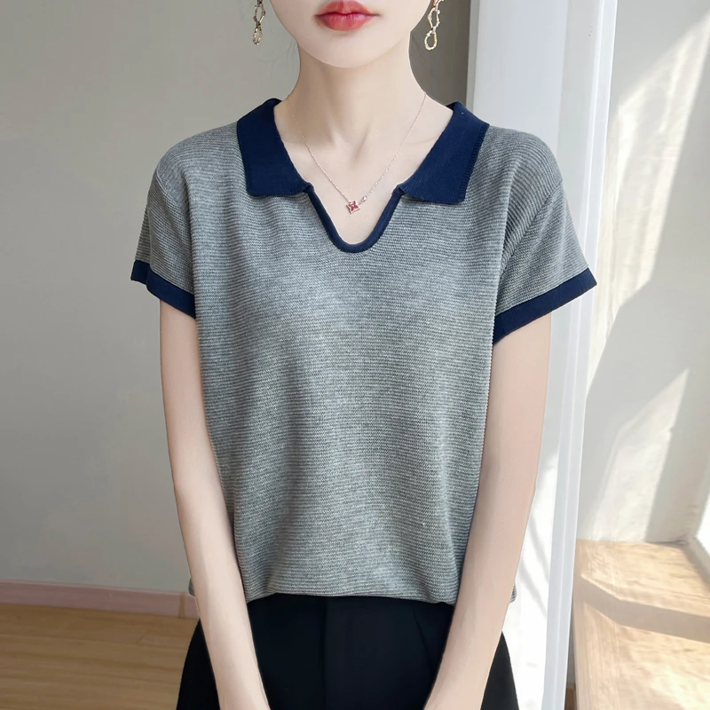 夏季薄款莱赛尔天丝亚麻POLO领拼色减龄针织衫宽松T恤百搭上衣女