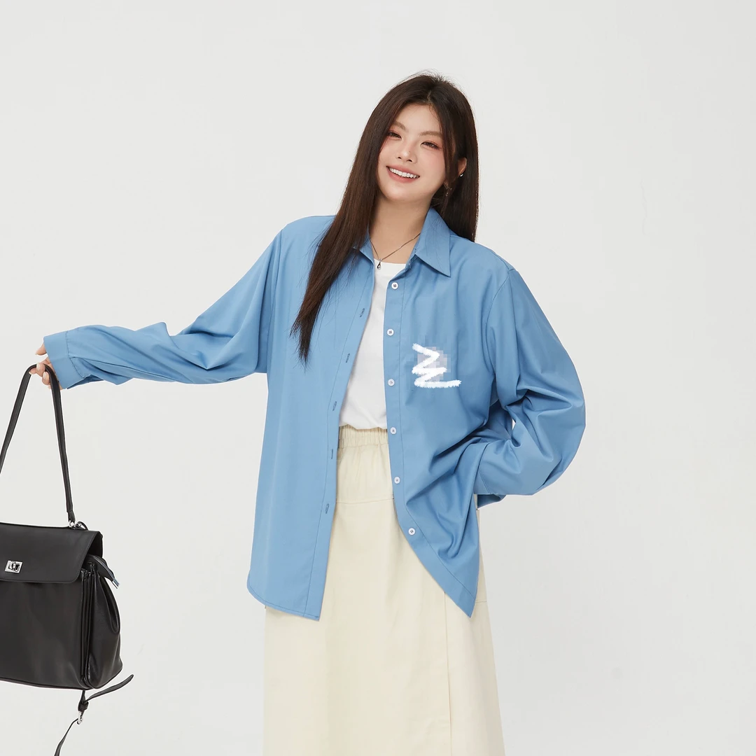 【涵胖胖】秋季新款纯色刺绣衬衫宽松舒适长袖POLO领蓝色时尚SY3539