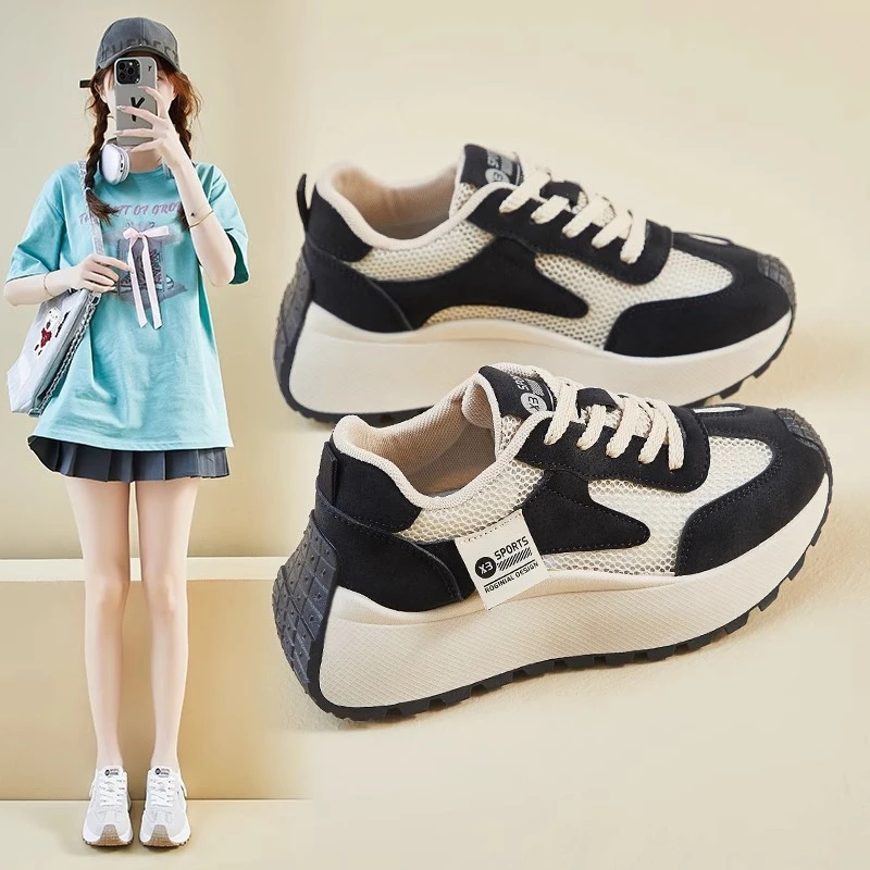 网面老爹鞋女2025年新款夏季透气女鞋百搭超火厚底增高运动休闲鞋